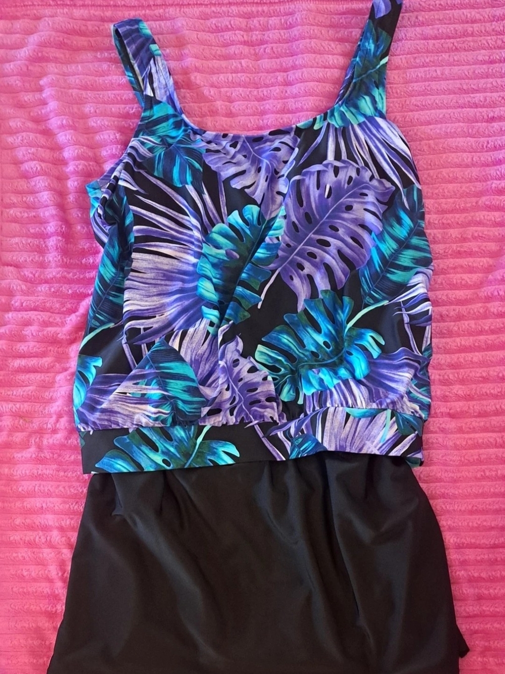 2 Piece Women's Bathing Suit. Black Skirt and Purple and Green Tankini Top